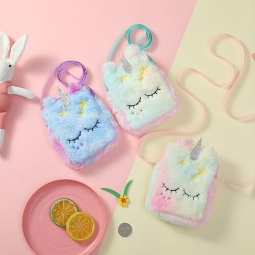 Kawaii Sleeping Unicorn Coin Purse Plush Shoulder Bag Small Square Bag for Kids Girls Soft Fur Mini Wallet Key Earphone Bag