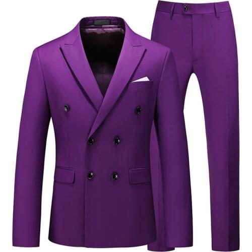 Suit Men New Mens Large-size Suit Two-piece Suit with Double-breasted 8 Solid Color Slim Business Casual Mens Suits with Pants