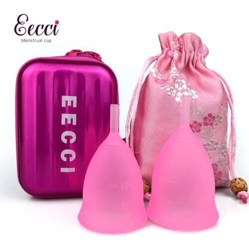 EECCI 2pcs Menstrual Cups with 1 case 1 bag - 2 Size - Soft, Flexible, Reusable Medical-Grade Silicone Period Cup - Easy insert