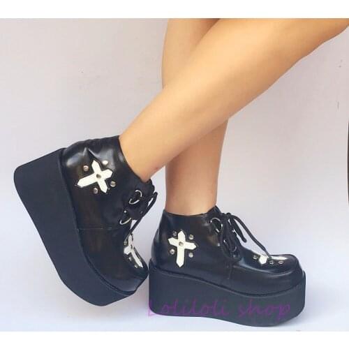 Princess sweet lolita shoes loliloli yoyo Japanese design custom large-size black PU white cross lace-up platform shoes a517a