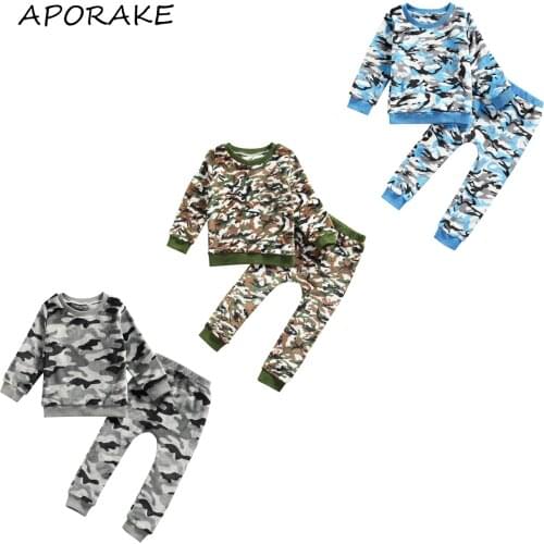 2021 1-6Y Casual Toddler Boy Clothing Set Spring Fall Camouflage Print Long Seeve Sweatshirt+Long Pants Soft Outfits 2pcs