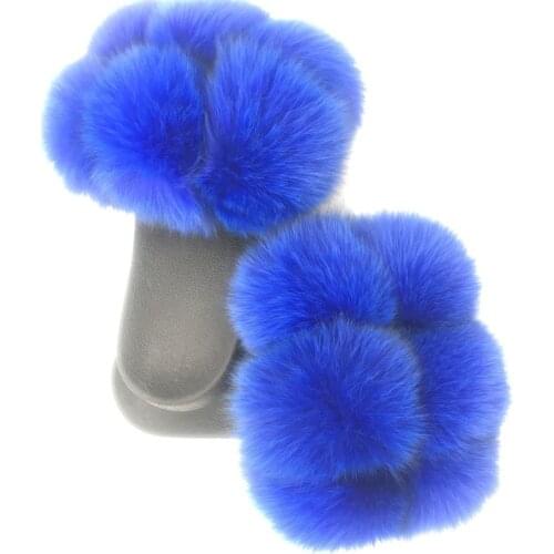 Fashionable color big fluffy fur ball slippers real fox fur slides pom pom fur slippers for women