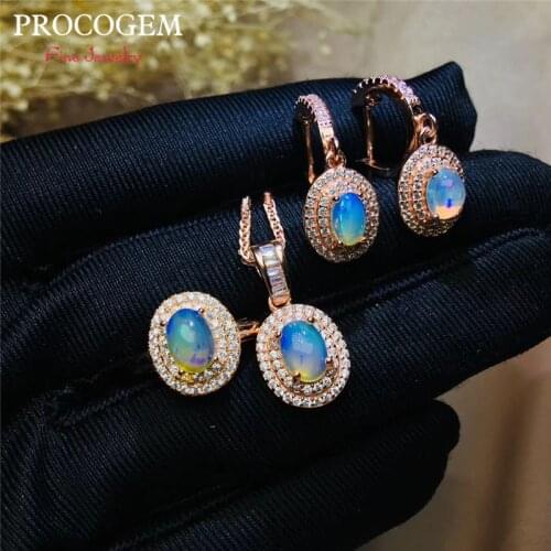 PROCOGEM Trendy Natural Opal Jewelry sets for Women Party gifts Necklace Ring Earrings Real gemstones 925 Solid Silver #603
