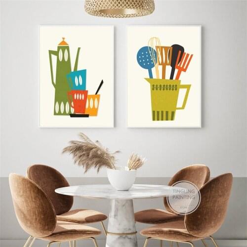 Kitchen Set Print Canvas Wall Art Painting Mid Century Modern Minimalist Style Restaurant Kitchen Living Room Decoration Mural