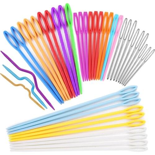 Nonvor 41 Pcs Hand Sewing Knitting Tool Set Random Color Curved Crochet Needle Mixed Color Plastic Needle Big Eye Sewing Needle