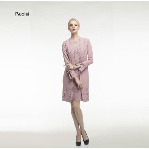 Pink Lace Knee Length Two Pieces Mother Of The Bride Dresses With Jacket Custom Made Formal Dress For Wedding Party