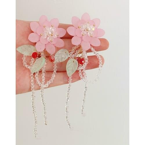 Sweet Girly Pink Crystal Water Drop flower Pendant earrings