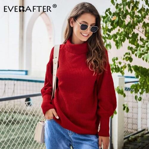 EVERAFTER Elegant red women sweater turtleneck lantern sleeve loose ruched knitted sweater female streetwear pullover jumper new