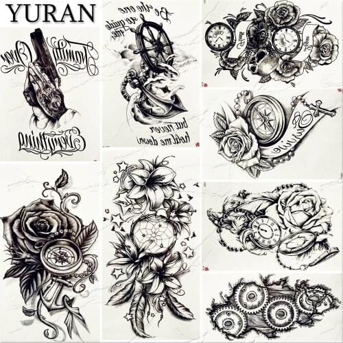 Retro Style Punk Sexy Women Big Tattoo Sticker Black Fake Pirate Anchor DreamCatcher Tattoos Temporary Flower Arm Tatoos Compass