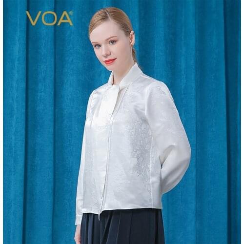 VOA Heavyweight Silk 32m/m Plain White Dark Patterned Scarf Collar Straight Tube Simple Hundred Long-sleeved Woman Tshirt BE537