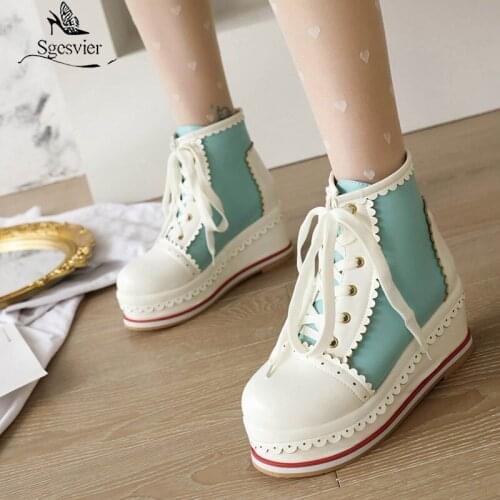 Sgesvier Plus Size Ankle Boots Women Platform High Heel Female Lace up Womens Shoes Cross Tied Woman Short Boot Ladies Footwear