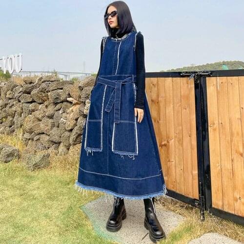 Johnature 2021 Spring Summer New Denim Sleeveless Dresses Fashion Loose O-neck Bandage Loose Women Dress