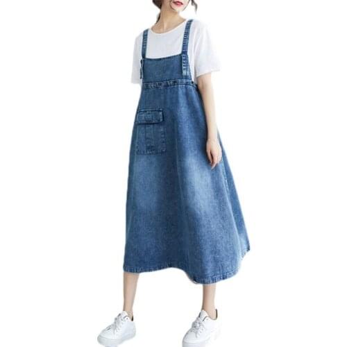 Elegant Suspender Denim Vestidos Look Thin Maxi Dress 2021 Women High Waist Casual Loose Big Pocket Strap Dresses Streetwear