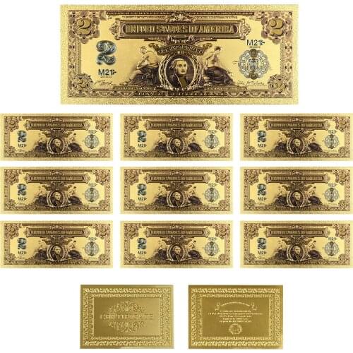 10Pcs/Lot Colorful USA Banknotes 2 Dollar Bills Bank Note in 24K Gold Plated Fake Currency Money For Gifts Free Shipping