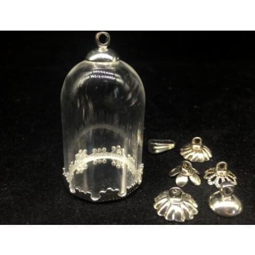 100sets/lot 30*20mm tube glass globes jars with silver color crown tray cap set glass vials pendant glass bottle jewelry finding