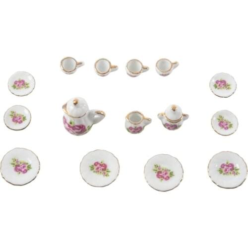 15 pieces Porcelain tea set Dollhouse miniature foods Chinese rose dishes cup