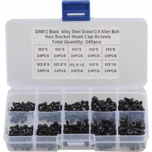 240pcs M2 M2.5 M3 Alloy Steel Black High Strength Round Cap Head Hexagon Socket Screw Set Allen Bolt Assortment Kit DIN912