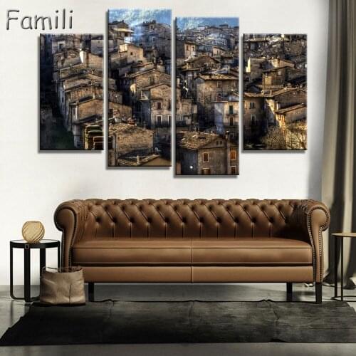 4Panel Living room bedroom home wall decoration fabric poster cefalu italy sicily sea landscape mountain rock church houses