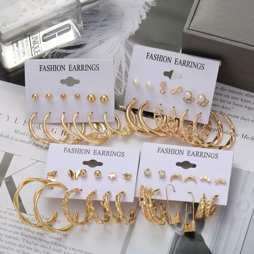 Gold Circle Earrings Hoops For Women 6pcs/set Female Fashion Irregular Geometry Jewelry Earings Pearl Butterfly Star Earring