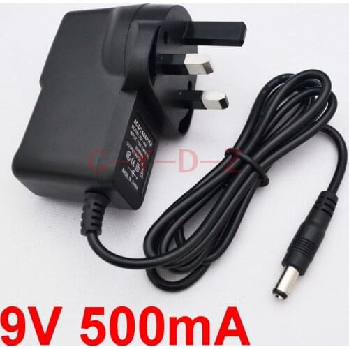 1PCS 9V 500mA AC 100V-240V Converter Adapter DC 9V 0.5A Power Supply 500mA UK 3 Plug DC 5.5mm x 2.1mm