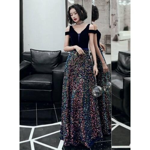 Deep V neck Velvet Sequins Evening Gown Floor Length Lace Up Back Prom Dress Custom Made