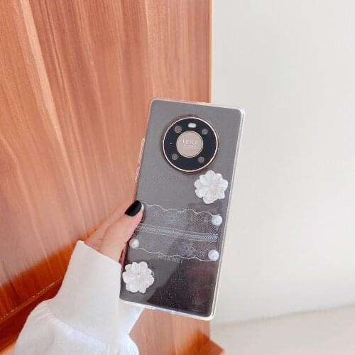 3D Rose Phone Case for Huawei Mate40 30 Pro Transparent Epoxy Case for P30 40 Nova7 Girl Gift for Nova 8 Pro Pearl Lace Cover