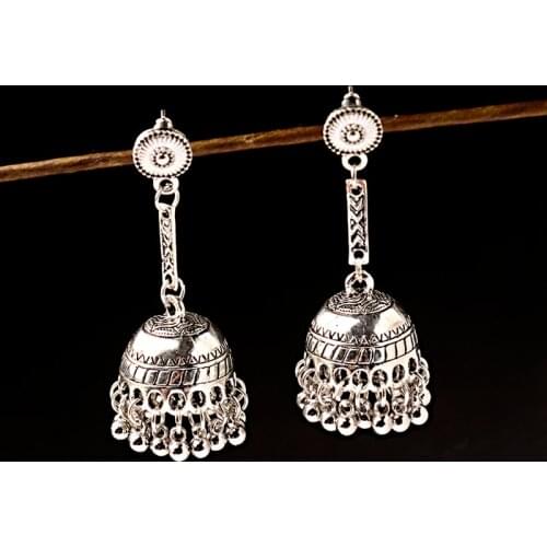 Classic Women Gypsy Silver Color Indian Earrings Boho Jewelry Ladies Jhumka Earrings Retro Egypt Round Bell Tassel Long Earrings