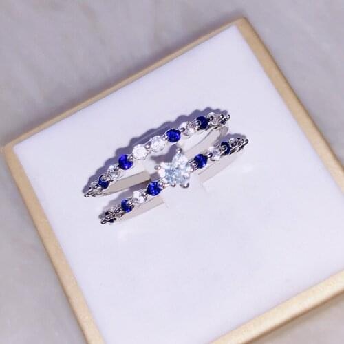 Retro Blue And White Crystal Heart Shaped Ring For Stylish Minimalist Female Birthday Gift