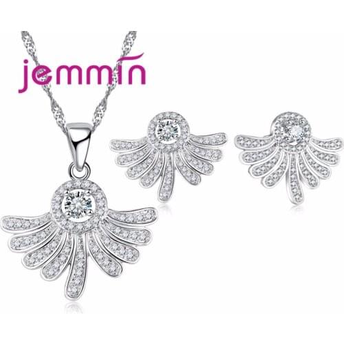 Pure 925 Sterling Silver Jewelry Set Feather Pattern Clear CZ Jewelry Sets Wedding Engagement Jewelry Earrings Necklace
