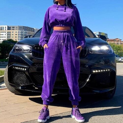 Fashion Leisure Two-piece Sports Suit Fleece Cropped Top Hooded Sweater Sweatpants Ladies Matching Clothing Suit Sportswear