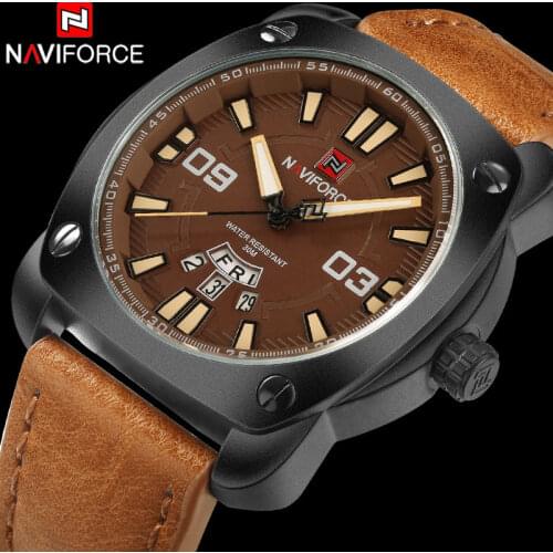 Men Quartz Watch NAVIFORCE Brand Men Fashion Sport Watch Coffee Leather Auto Date 30M Waterproof Wristwatches Relogio Masculino