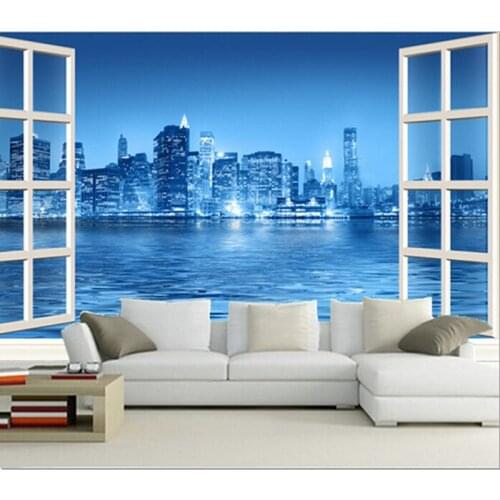 The latest 3D murals, 3d blue city outside the window ,beautiful night, living room TV sofa bedroom background wall paper