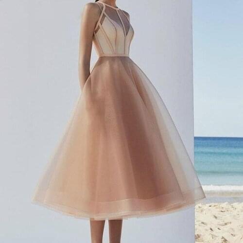 New Dress Halter Champagne Short Prom Sexy Gauze Dresses High Quality Tea Length A Line Organza Girls Cheap Plus Size