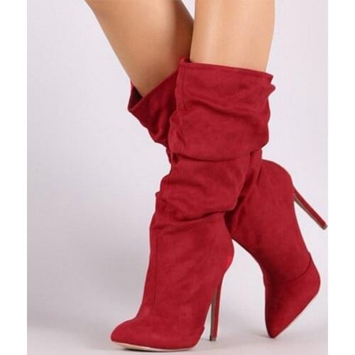 Womens High Boots Pleated Mid Calf High Heel Shoes 2020 Thin Heels Suede Boots Women Pointed Toe Sexy Pumps Party Female Winter