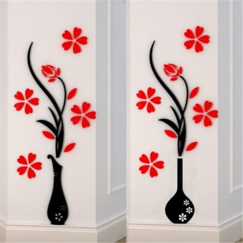 Vintage 3D Wall Stickers Vase Flower Tree Crystal Arcylic Wall Sticker Home Living Room TV Decor DIY