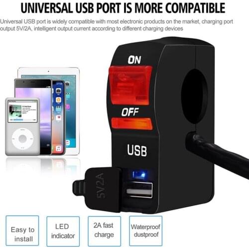 12V DC USB Install Handlebar Waterproof LED Indicator Light On/Off Switch Motorcycle Phone Charger