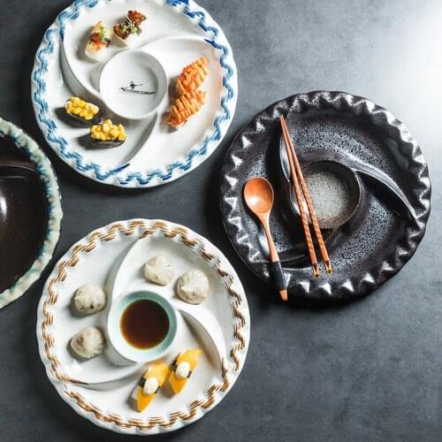 High grade three grid large creative ceramic snack plate crude pottery tableware sushi side cheese dumpling dish