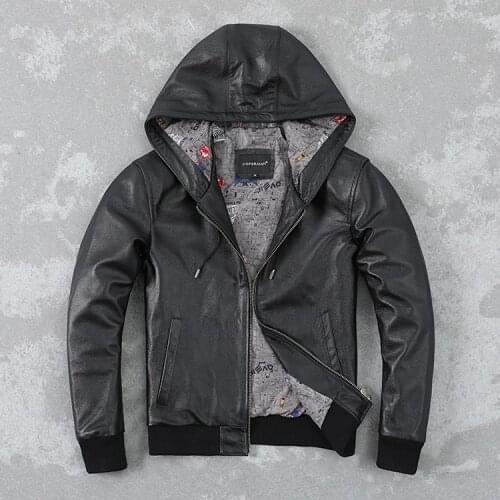 YR!Free shipping.2021 brand new genuine leather hoodies.wholesales men black cowhide jacket.Plus size quality leather coat