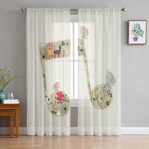 Musical Note Flower Butterfly Sheer Curtains for Living Room Bedroom Tulle Curtains Kitchen Window Treatments Panel Drapes