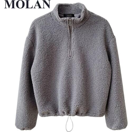 2021 Woman Lamb Woolly Hoodie New Fashion Zipper Collar Waist Tight Band Long Sleeve Solid Pullvercoat Female Chic Warm Top