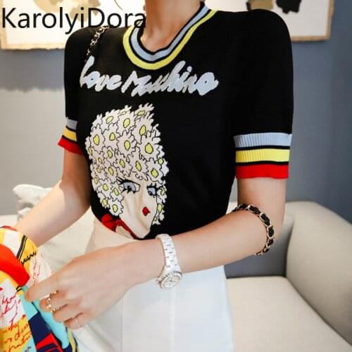 Women Tops Jacquard Lovely Girl Letters Short Sleeve Pullover Summer Female Knitted Striped O-neck Sweater Jumper Hot