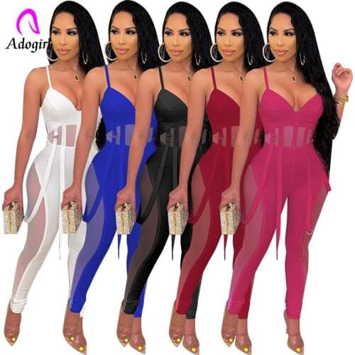 Spaghetti Women Rompers Solid Mesh Stitching Skinny Jumpsuits 2021 Autumn Sexy See Through Night Club Party One Piece Overalls