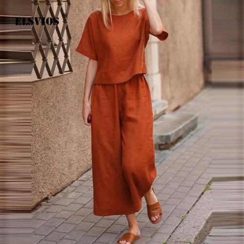 2021 Summer Fashion Two-Piece Sets Lady Cotton Linen O-Neck Short Tops And Wide Leg Pants Solid Suit Women Casual Simple Outfits
