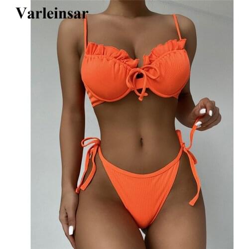 Sexy Ruffled Frilled Strappy Bikini Women Swimwear Female Swimsuit Two-pieces Bikini set Ribbed Bather Bathing Suit Swim V3124