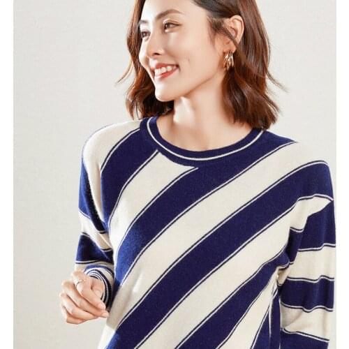 21 Autumn Winter Round Neck 100% Pure Wool Sweater Womens Pullover Thin Diagonal Striped Top Loose Large Size Bottoming Shirt