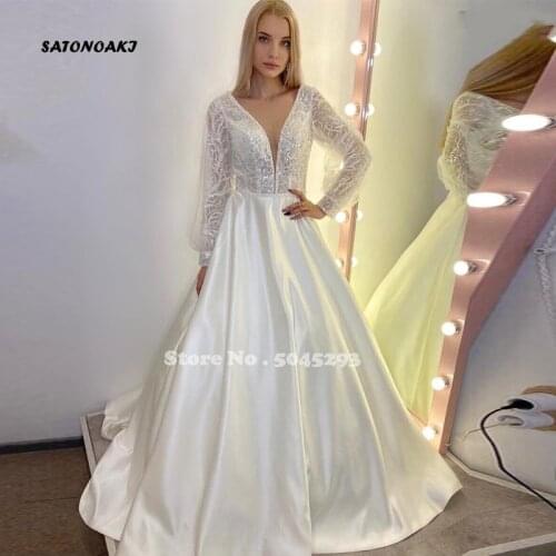 White Satin Wedding Dress 2021 A-Line V-Neck Long Sleeve Sheer Back Button Chapel Train Bridal Gowns Vestido De Novia Undefined