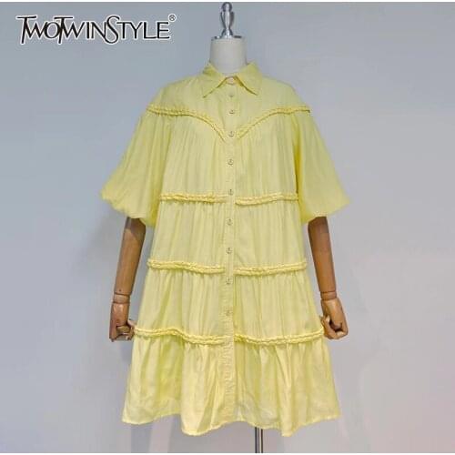 TWOTWINSTYLE Loose Print Mini Dress For Women Lapel Puff Sleeve Patchwork Casual Dresses Female New Clothing 2021 Summer Style