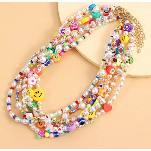Fashion Simulated Pearl Fruit Choker Necklace For Women New Bohemian Simple Face Flower Bead Short Collar Beach Gift