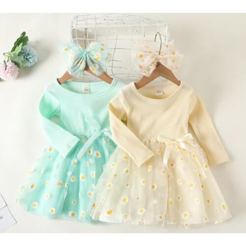 Emmababy 1-6Y Toddler Baby Girls Princess Dress O-Neck Long-Sleeves Knitted Top Dress Daisy Print Hemline Bow Hairband Outfit