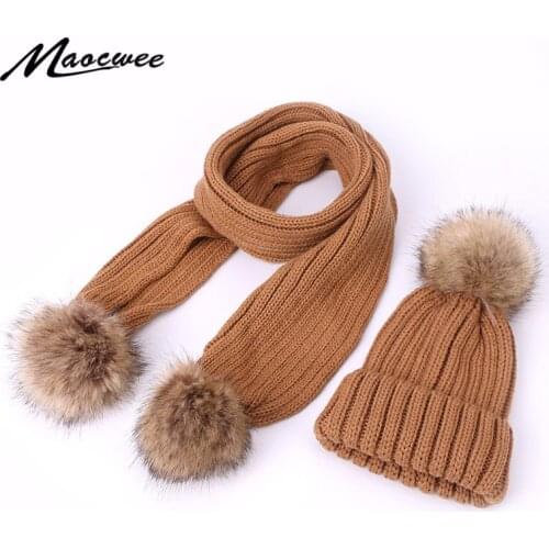 Winter Knitted Pom Pom Hat Scarf Set For Children And Women Crochet Warm Caps Outdoor Thick Skullies Beanie Scarf Two Pieces Set
